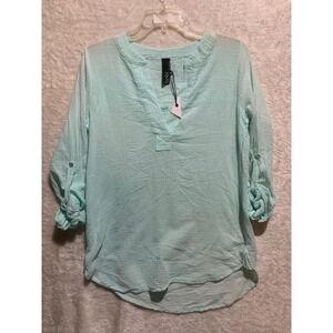 Bobi Los Angeles Light Aqua Gauze Crinkle Roll Tab Sleeve V-Neck Tunic Top XS